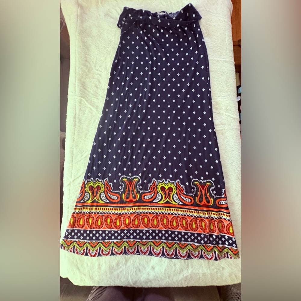 Olsenboye Dark Blue and Bright Orange Patterned Maxi Skirt